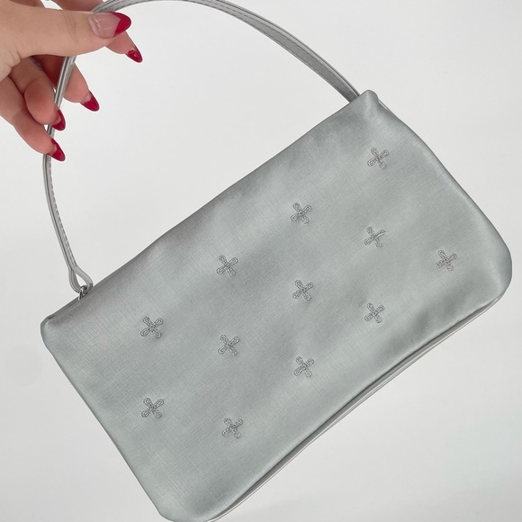 Vintage Handbags - 2FOR$20 90s Y2K Silver Small Embroidered Handbag With Pleather Strap